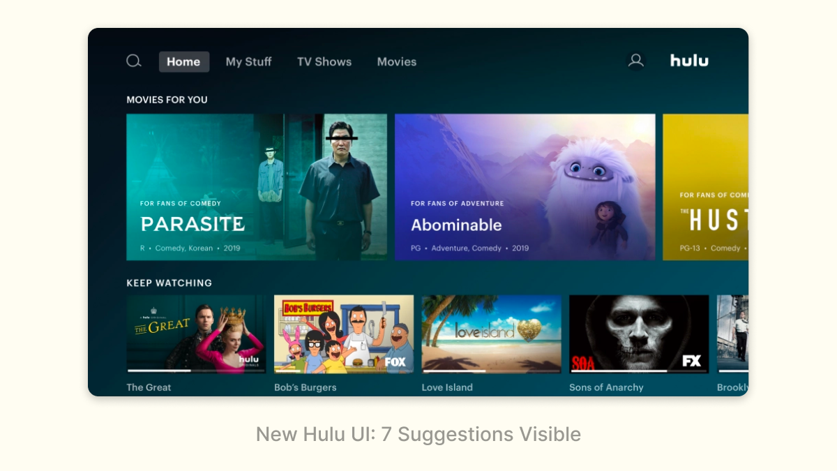 New Hulu UI: 7 Suggestions Visible